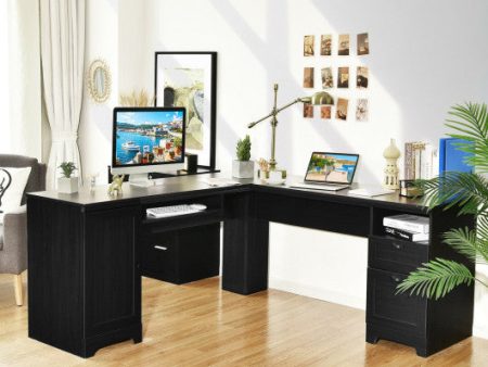 66 Inch L-Shaped Writing Study Workstation Computer Desk with Drawers-Black For Sale