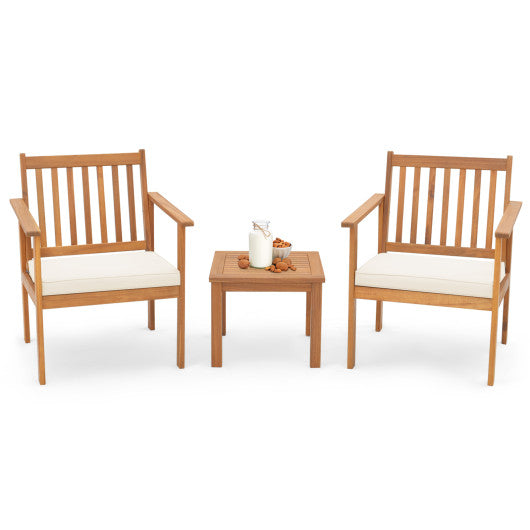 3 Pieces Patio Wood Furniture Set with soft Cushions for Porch-White For Cheap