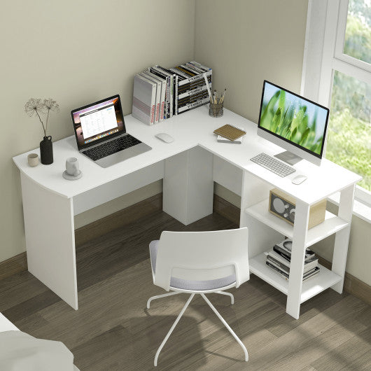 Large Modern L-shaped Computer Desk with 2 Cable Holes and 2 Storage Shelves-White Fashion