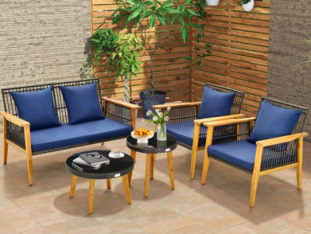 5 Piece Outdoor Conversation Set with 2 Coffee Tables for Backyard Poolside-Navy Online Sale