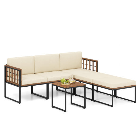 6 Pieces Acacia Wood Patio Furniture Set with Coffee Table and Ottomans-Beige For Discount