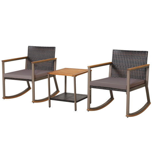 3 Pieces Rattan Rocking Bistro Set with Coffee Table and Cushions-Gray Hot on Sale