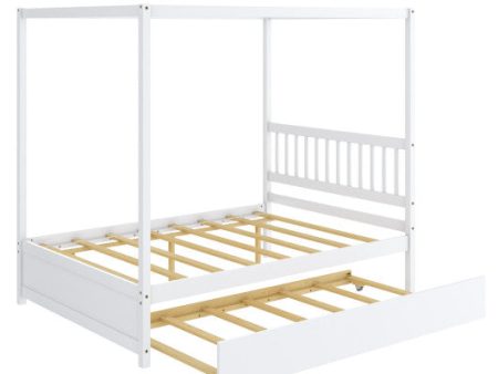 Full Size Canopy Bed with Trundle Wooden Platform Bed Frame Headboard-White Fashion