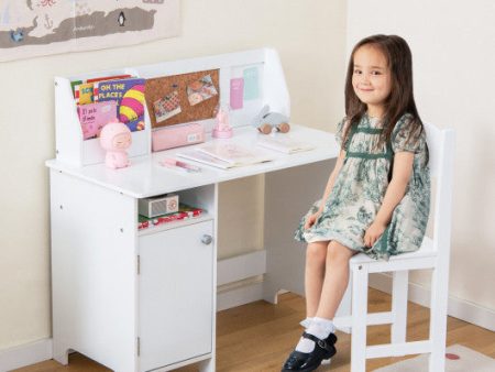 Wooden Kids Study Desk and Chair Set with Storage Cabinet and Bulletin Board-White For Sale