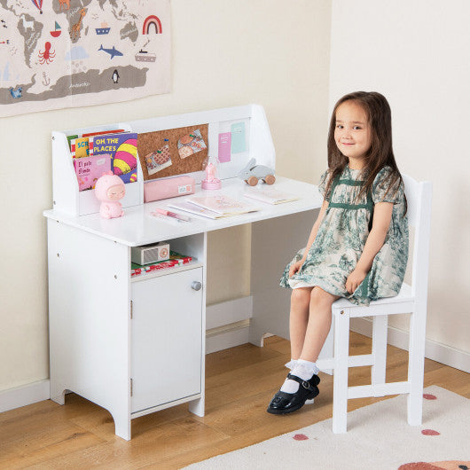 Wooden Kids Study Desk and Chair Set with Storage Cabinet and Bulletin Board-White For Sale