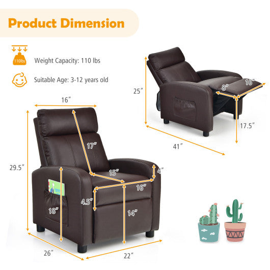 Ergonomic PU Leather Kids Recliner Lounge Sofa for 3-12 Age Group-Brown Supply