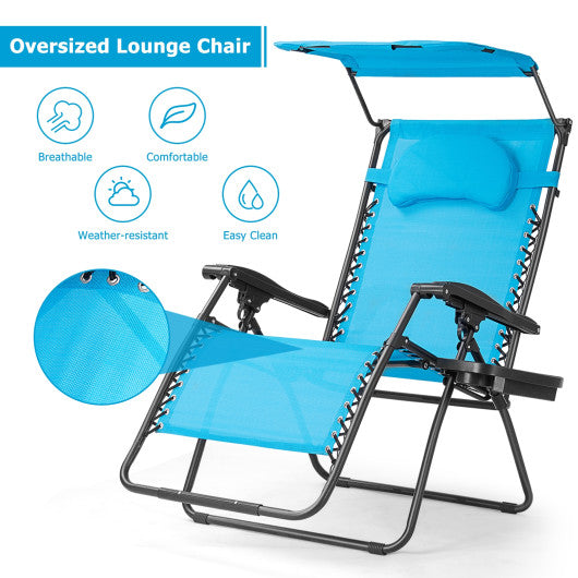 Folding Recliner Lounge Chair with Shade Canopy Cup Holder-Blue Supply