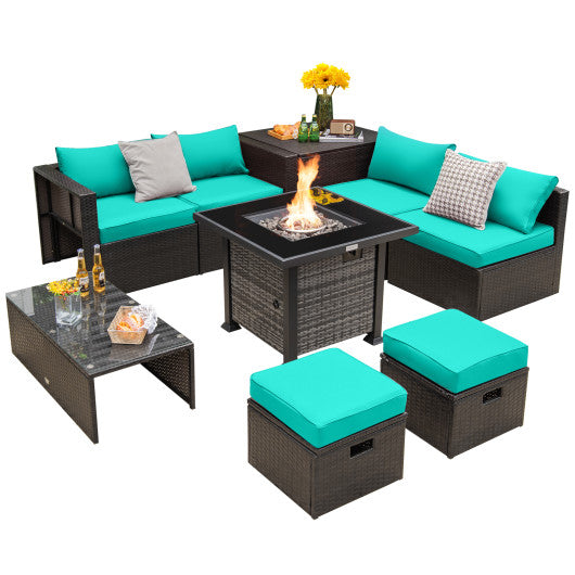 Outdoor 9 Pieces Patio Furniture Set with 50 000 BTU Propane Fire Pit Table-Turquoise Fashion