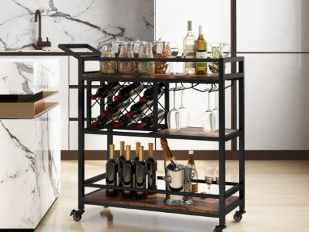 3-tier Bar Cart on Wheels Home Kitchen Serving Cart with Wine Rack and Glasses Holder-Rustic Brown Online Sale