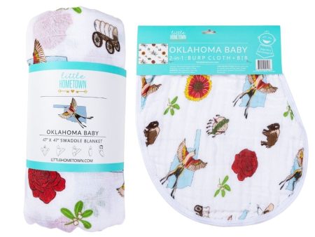 Gift Set: Oklahoma Swaddle Blanket and Burp Cloth Bib Combo by Little Hometown on Sale