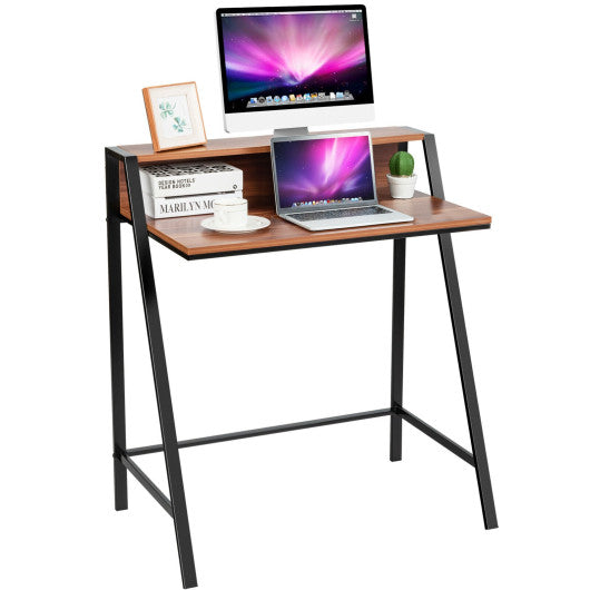 2 Tier Computer Desk PC Laptop Table Study Writing Home Office Workstation New-Walnut Cheap