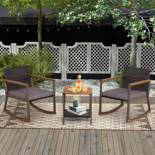 3 Pieces Rattan Rocking Bistro Set with Coffee Table and Cushions-Gray Hot on Sale