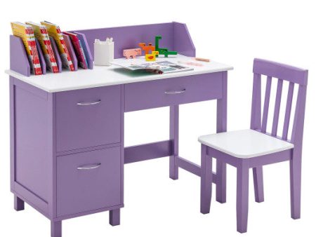 Kids Wooden Writing Furniture Set with Drawer and Storage Cabinet-Purple Cheap