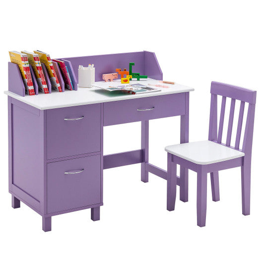 Kids Wooden Writing Furniture Set with Drawer and Storage Cabinet-Purple Cheap