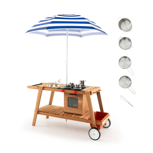 Wooden Play Cart with Sun Proof Umbrella for Toddlers Over 3 Years Old-Blue Discount