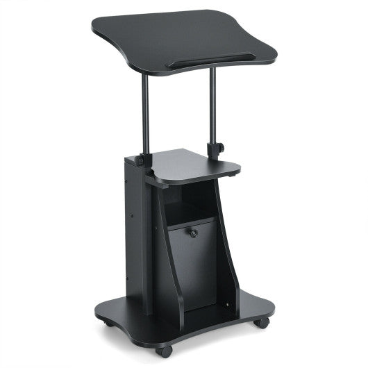 Adjustable Mobile Standing Desk Cart with Tilt Desktop and Cabinet-Black Hot on Sale