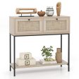 Rattan Console Table Boho Entryway Table with 2 Rattan Drawers and Open Storage Shelf-Oak Fashion