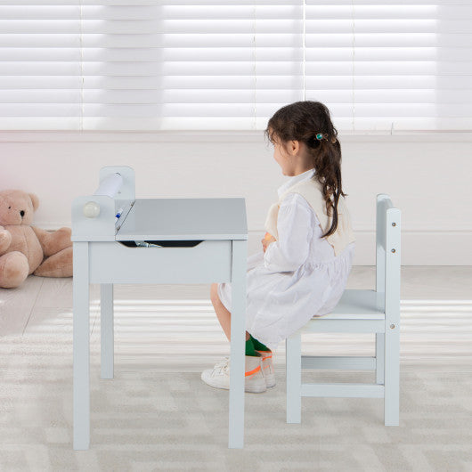 Wooden Kids Table and Chair Set with Storage and Paper Roll Holder-Gray Discount