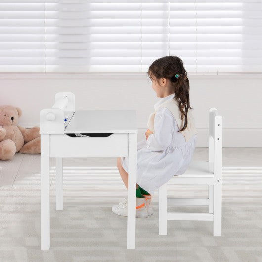 Wooden Kids Table and Chair Set with Storage and Paper Roll Holder-White on Sale