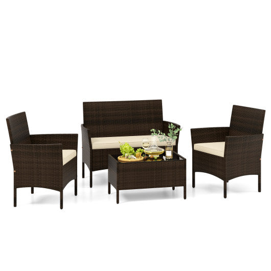 4 Piece Patio Rattan Conversation Set with Cozy Seat Cushions-Beige Online