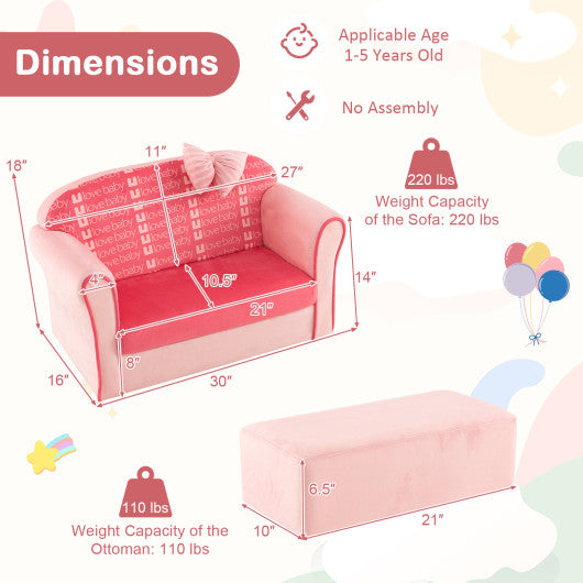 Ultra Soft Velvet Kids Sofa Chair Toddler Couch with Ottoman-Pink Discount