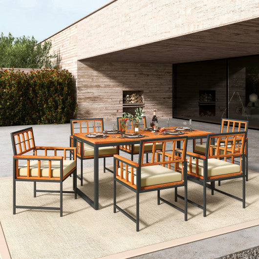 7 Pieces Patio Acacia Wood Dining Set with Soft Cushions and Umbrella Hole-Natural Online Sale