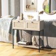 Rattan Console Table Boho Entryway Table with 2 Rattan Drawers and Open Storage Shelf-Oak Fashion