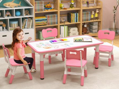 Kids Table and Chairs Set for 4 with Graffiti Desktop-Pink For Cheap