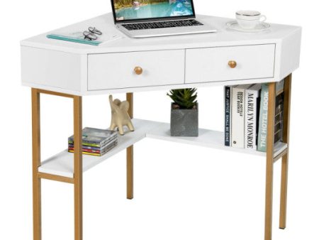 Space Saving Corner Computer Desk with 2 Large Drawers and Storage Shelf-White For Sale