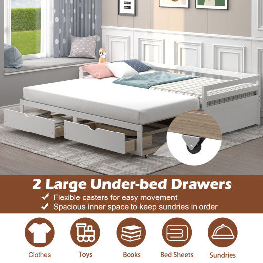 Extendable Twin to King Daybed with Trundle and 2 Storage Drawers-White Online now