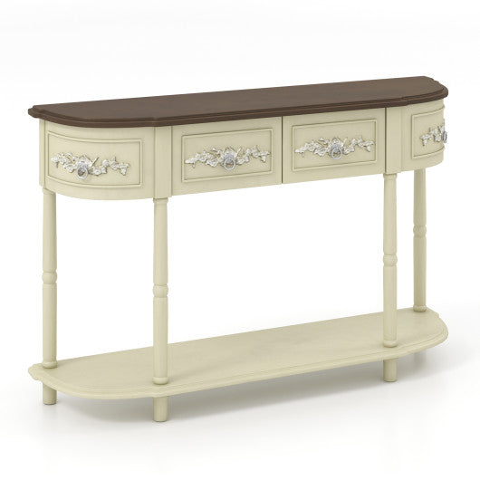 Retro Curved Console Table with Drawers and Solid Wood Legs-Beige on Sale