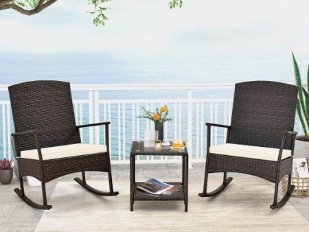 3 Piece Patio Rocking Set Wicker Rocking Chairs with 2-Tier Coffee Table-Off White For Cheap