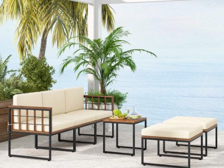 6 Pieces Acacia Wood Patio Furniture Set with Coffee Table and Ottomans-Beige For Discount