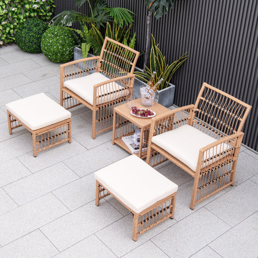 5 Piece Patio Wicker Sofa Set with Seat and Back Cushions-Natural Fashion