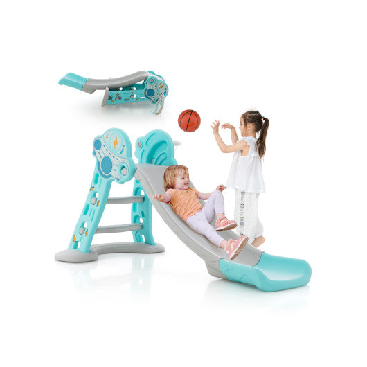 3-in-1 Folding Slide Playset with Basketball Hoop and Small Basketball-Blue Discount