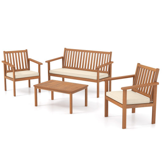 4 Piece Patio Wood Furniture Set Acacia Wood Sofa Set with Loveseat-Off White For Discount