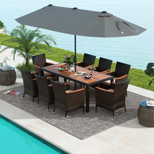 9 Piece Outdoor Dining Set with 15 Feet Double-Sided Twin Patio Umbrella-Gray Supply