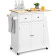 Rubber Wood Countertop Rolling Kitchen Island Cart-White For Sale