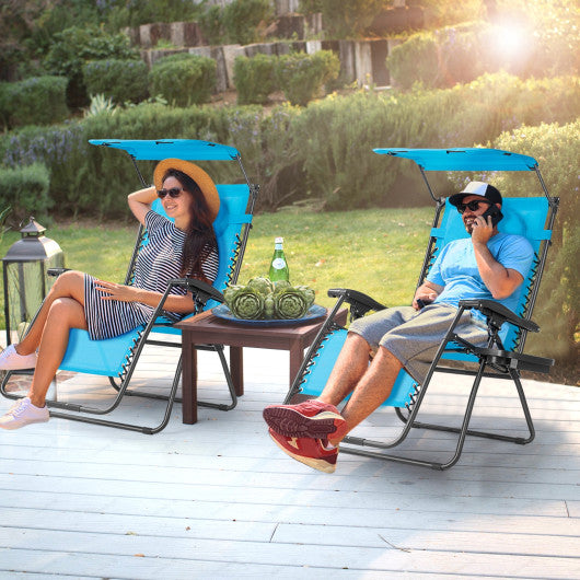 Folding Recliner Lounge Chair with Shade Canopy Cup Holder-Blue Supply