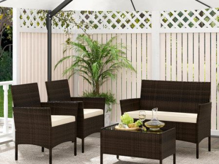 4 Piece Patio Rattan Conversation Set with Cozy Seat Cushions-Beige Online