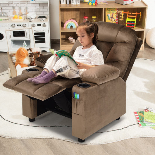 Kids PU Leather Velvet Fabric Kids Recliner Chair with Cup Holders-Light Brown Online Sale