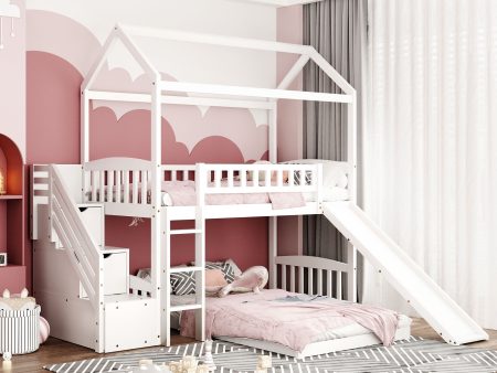 White Twin Over Twin PlayHouse Perpendicular Bunk Bed with Slide Hot on Sale