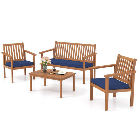 4 Piece Patio Wood Furniture Set Acacia Wood Sofa Set with Loveseat-Navy For Discount