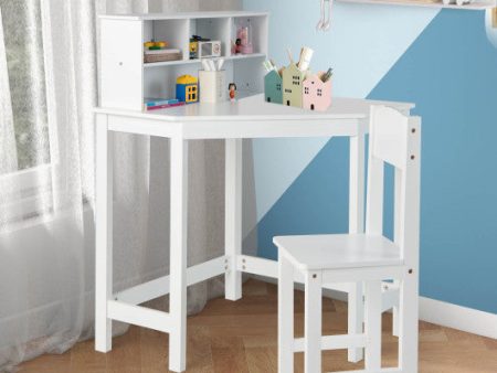 Kids Wooden Corner Desk and Chair Set with Hutch and Storage-White Online now