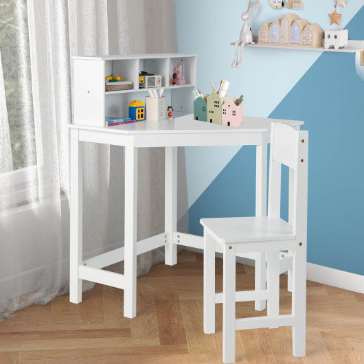 Kids Wooden Corner Desk and Chair Set with Hutch and Storage-White Online now