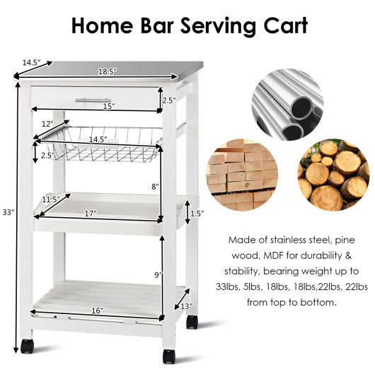 Kitchen Island Cart with Stainless Steel Tabletop and Basket-White For Cheap